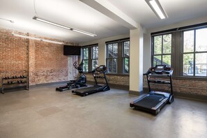 Work out in style with modern equipment and expansive views of the outdoors.