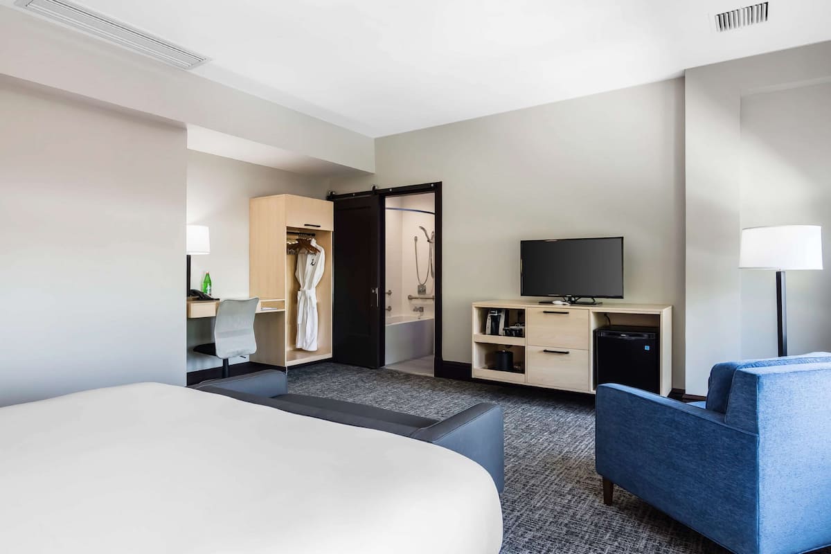 A hotel room with a bed, a desk, a TV, a wardrobe, and a bathroom.