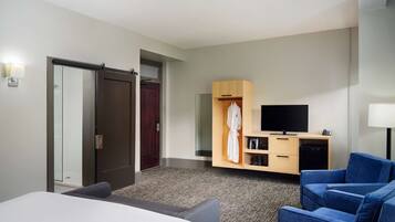 A hotel room with a bed, a seating area with a blue sofa, a TV, a wooden wardrobe, and a robe hanging inside.