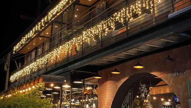 A building with a covered walkway decorated with string lights, a Christmas tree, and potted plants.