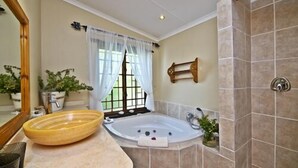 A bathroom with a bathtub, a large mirror, a wooden bowl, and a potted plant. - De Opstal (Oudtshoorn)