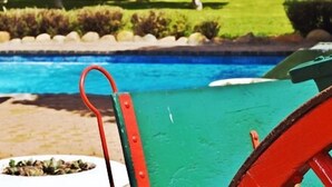 A poolside area with a green and red chair, a white planter with plants, and a clear blue pool. - De Opstal (Oudtshoorn)