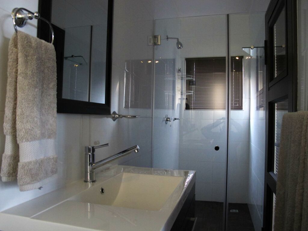 A modern bathroom with a large white sink, a glass shower enclosure, and a mirror above the sink.