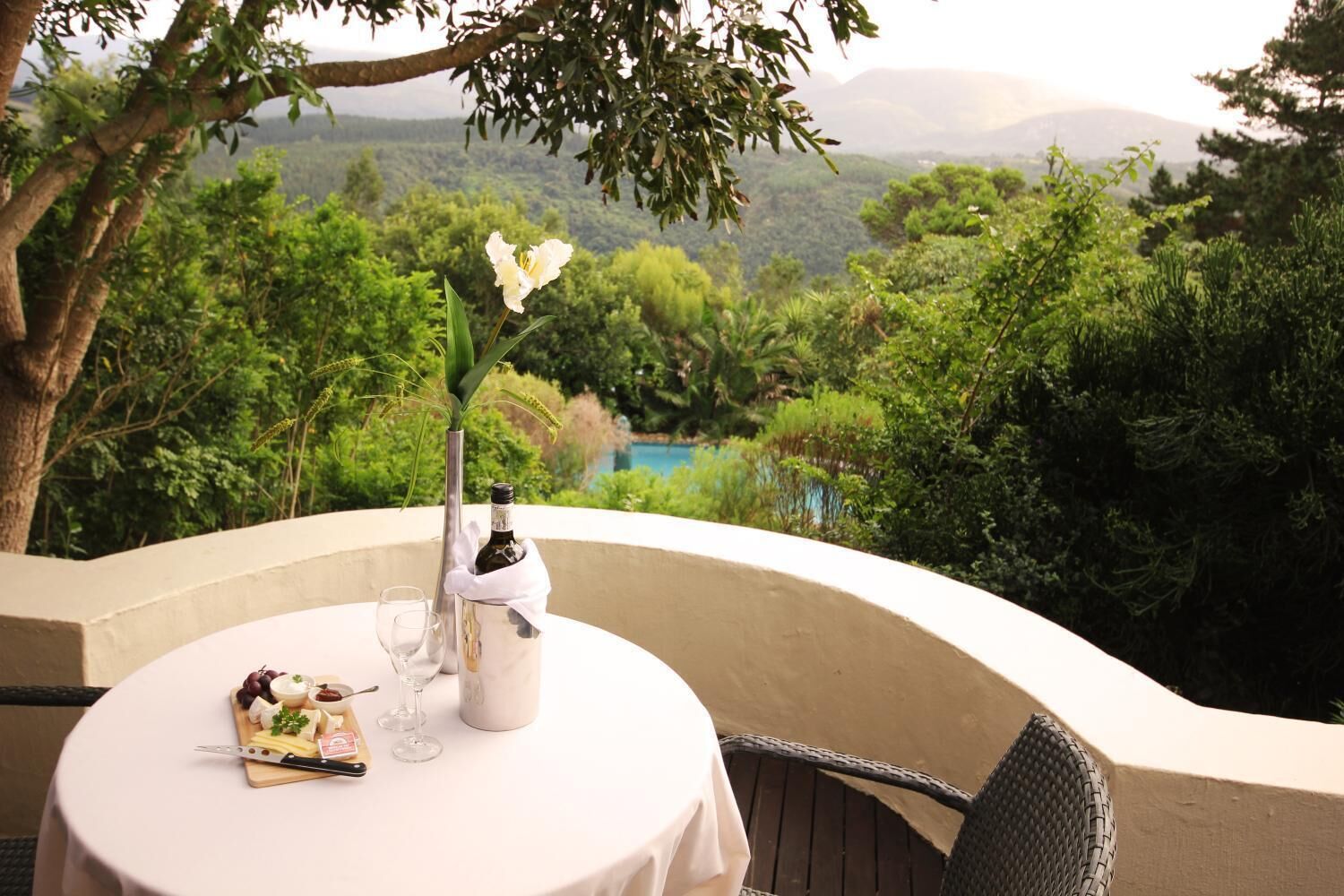 A table set with a bottle of champagne, glasses, and a cheese board, overlooking a lush landscape with a pool.