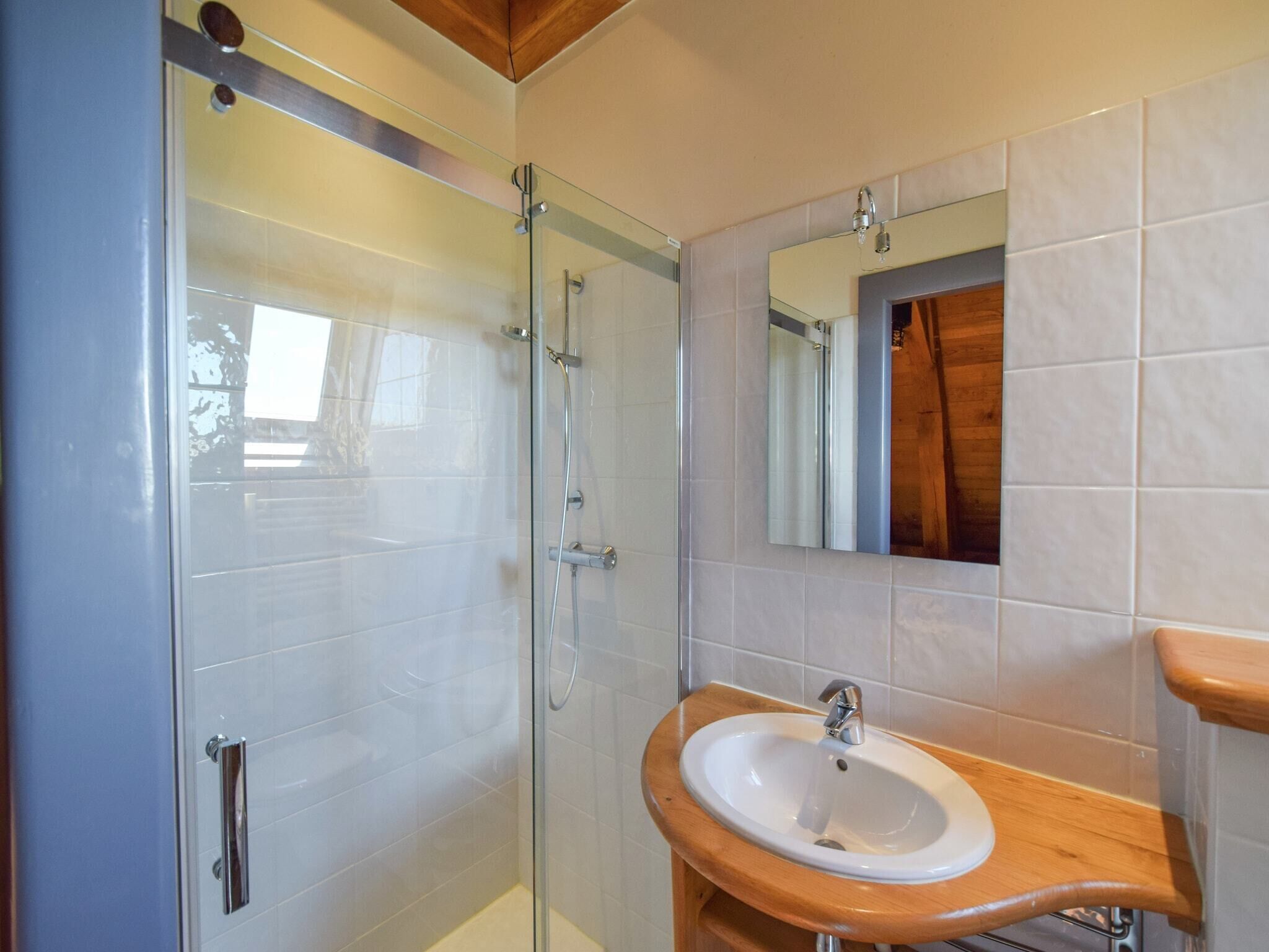 A modern bathroom with a glass shower enclosure, a wooden vanity with a sink, and a mirror above the sink.