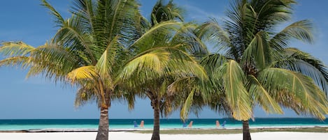 På stranden, vit sandstrand, solstolar och strandhanddukar