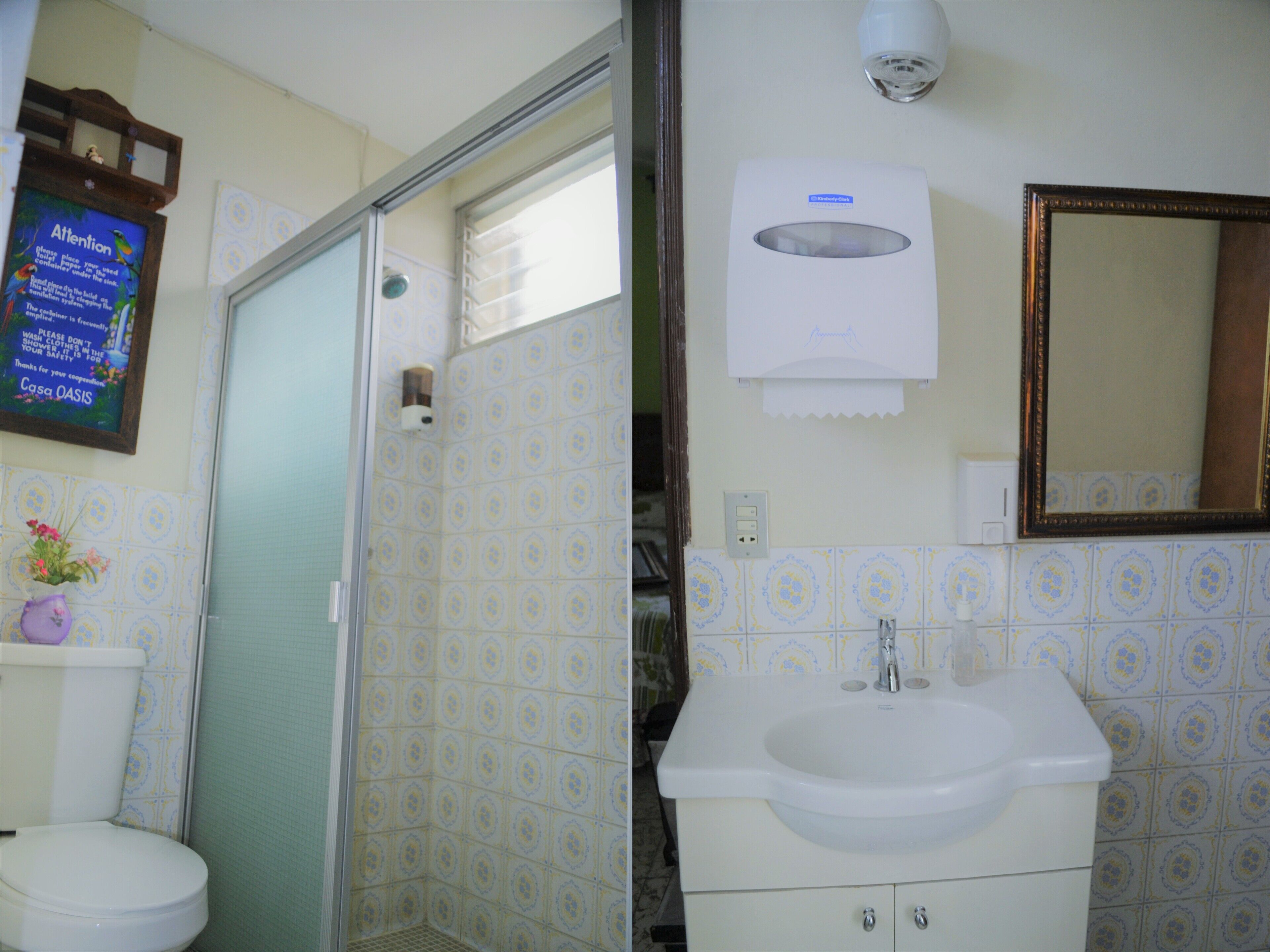 shower, towels, soap, shampoo