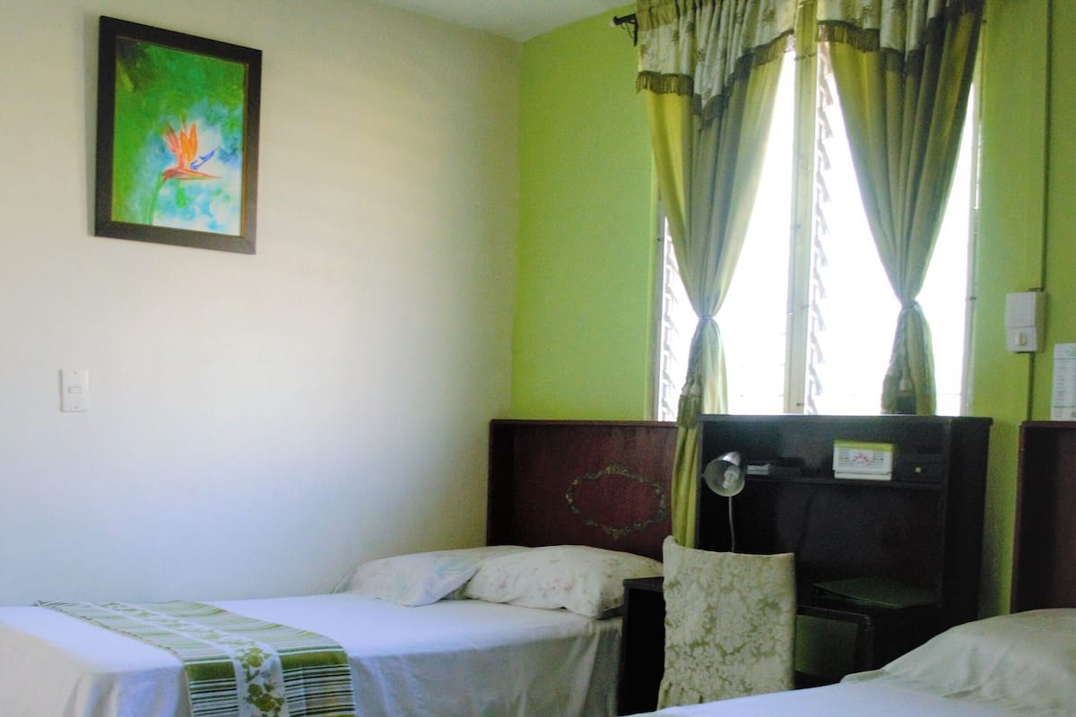 Habitación de hotel con dos camas individuales, un escritorio pequeño, una silla, un televisor y un cuadro en la pared.