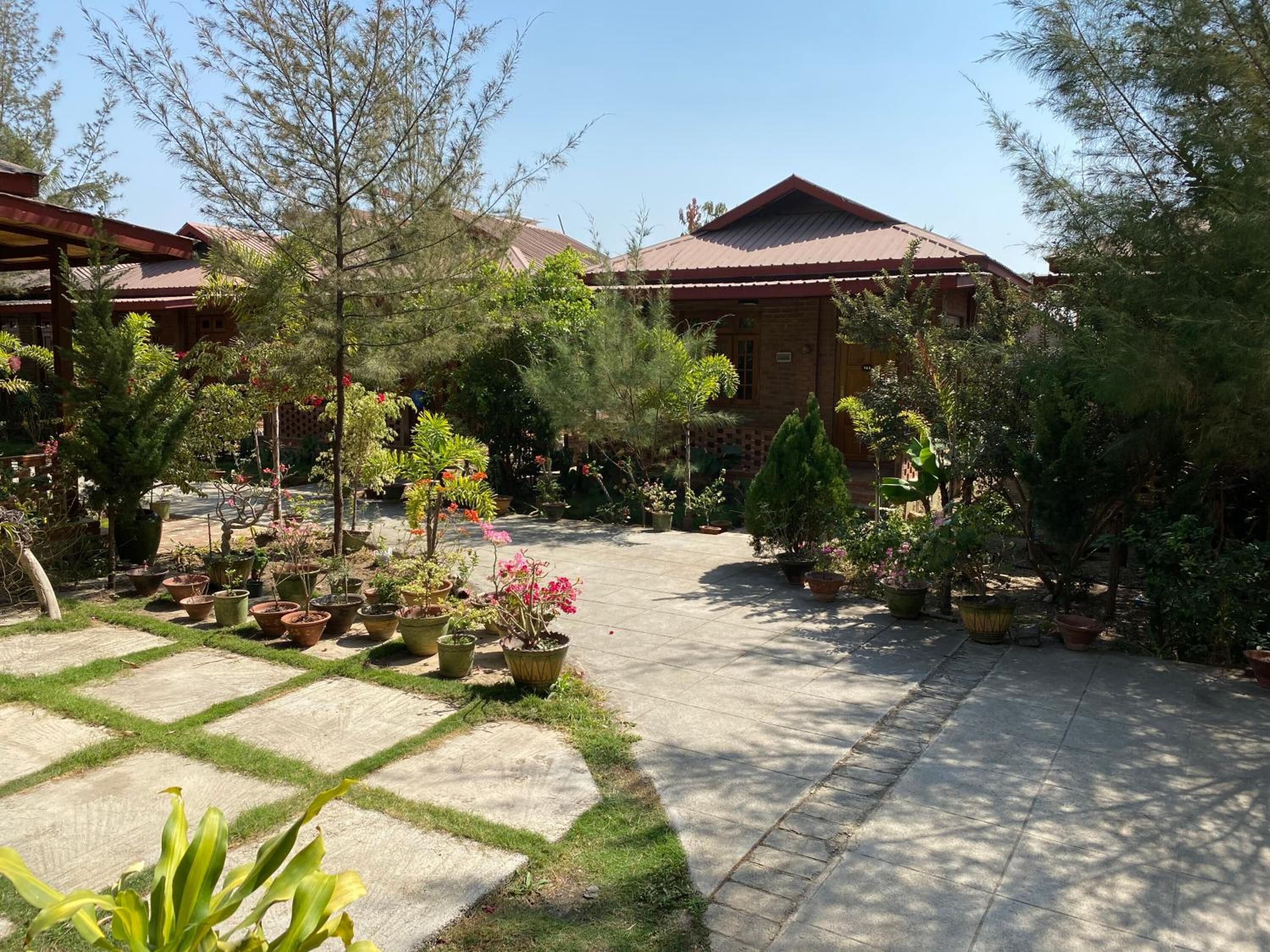 A courtyard with potted plants and a pathway leading to a building with a tiled roof.