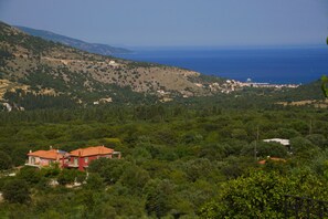 Une propriété située sur une colline, avec une maison au toit rouge, entourée d’une végétation luxuriante.