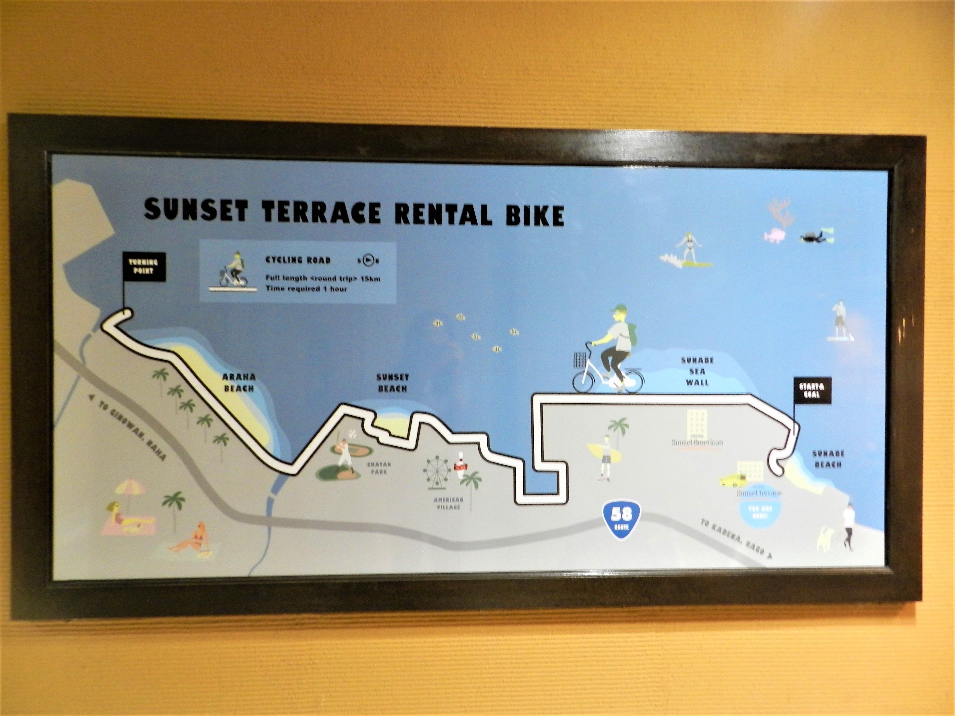 A map of Sunset Terrace Rental Bike route with landmarks like American Village and Sunset Beach.