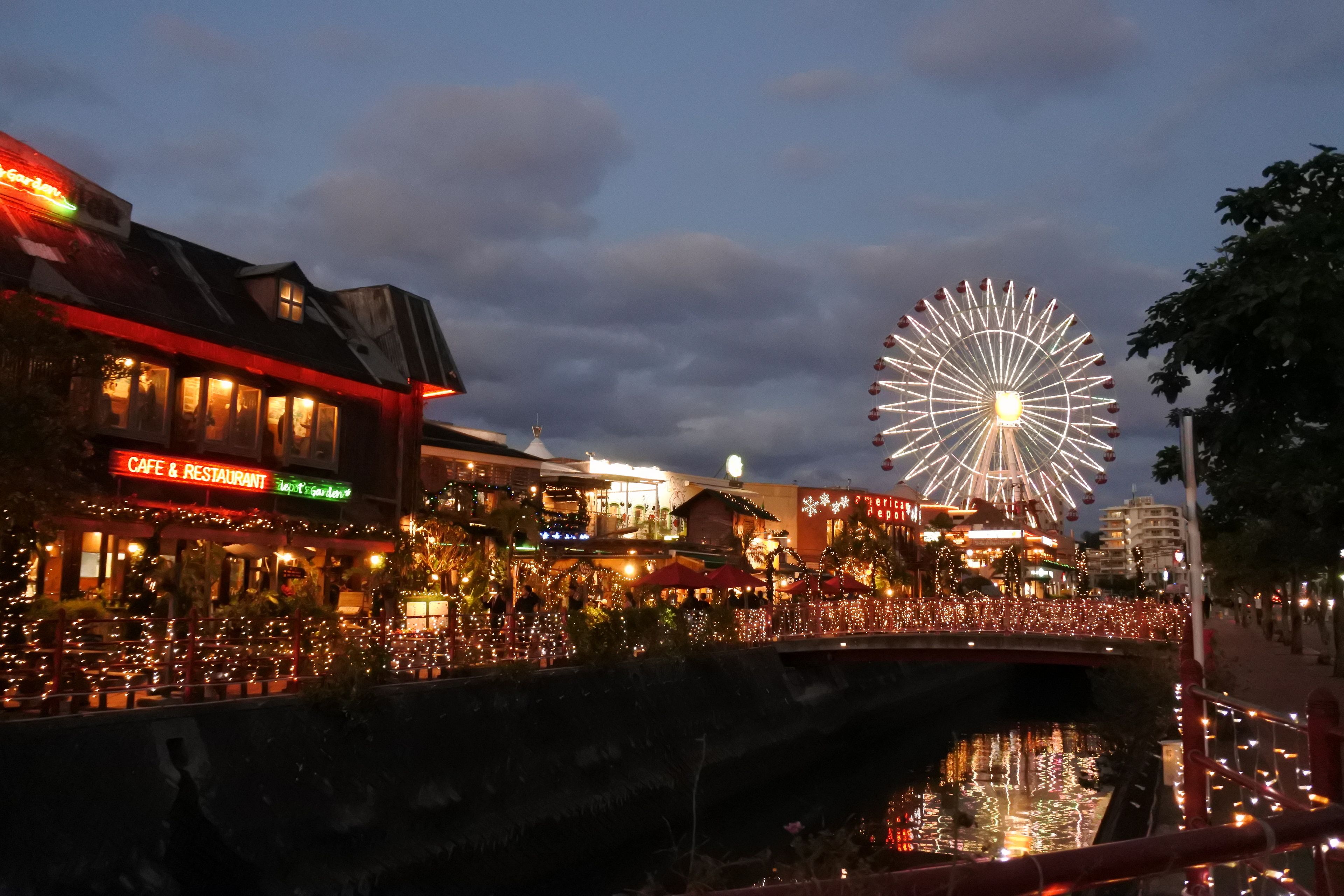A waterfront area with a Ferris wheel, illuminated buildings, and a bridge.