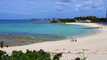 Perto da praia, guarda-sóis 