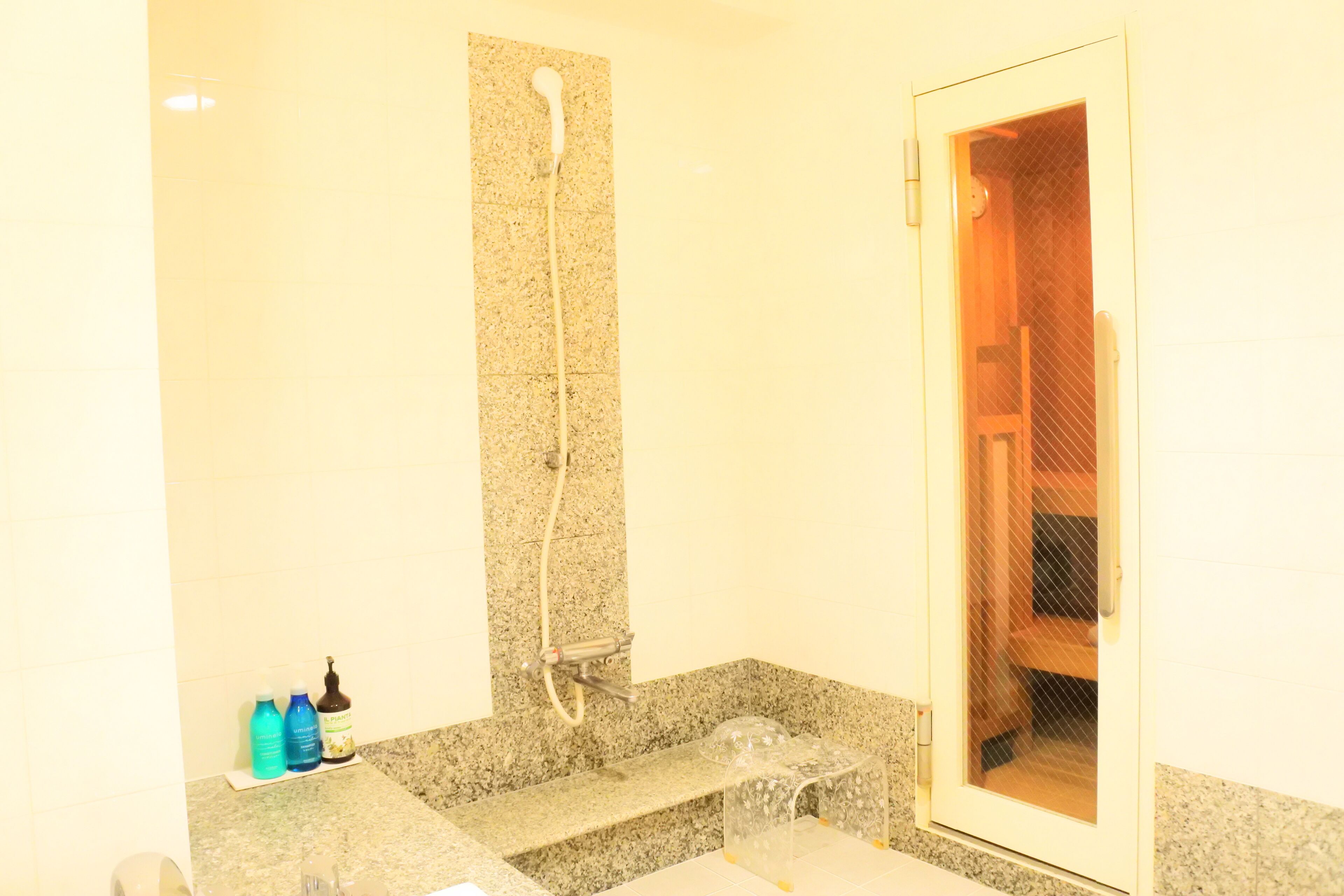 Un baño con ducha, lavamanos y espejo. Hay artículos de aseo en el mostrador.