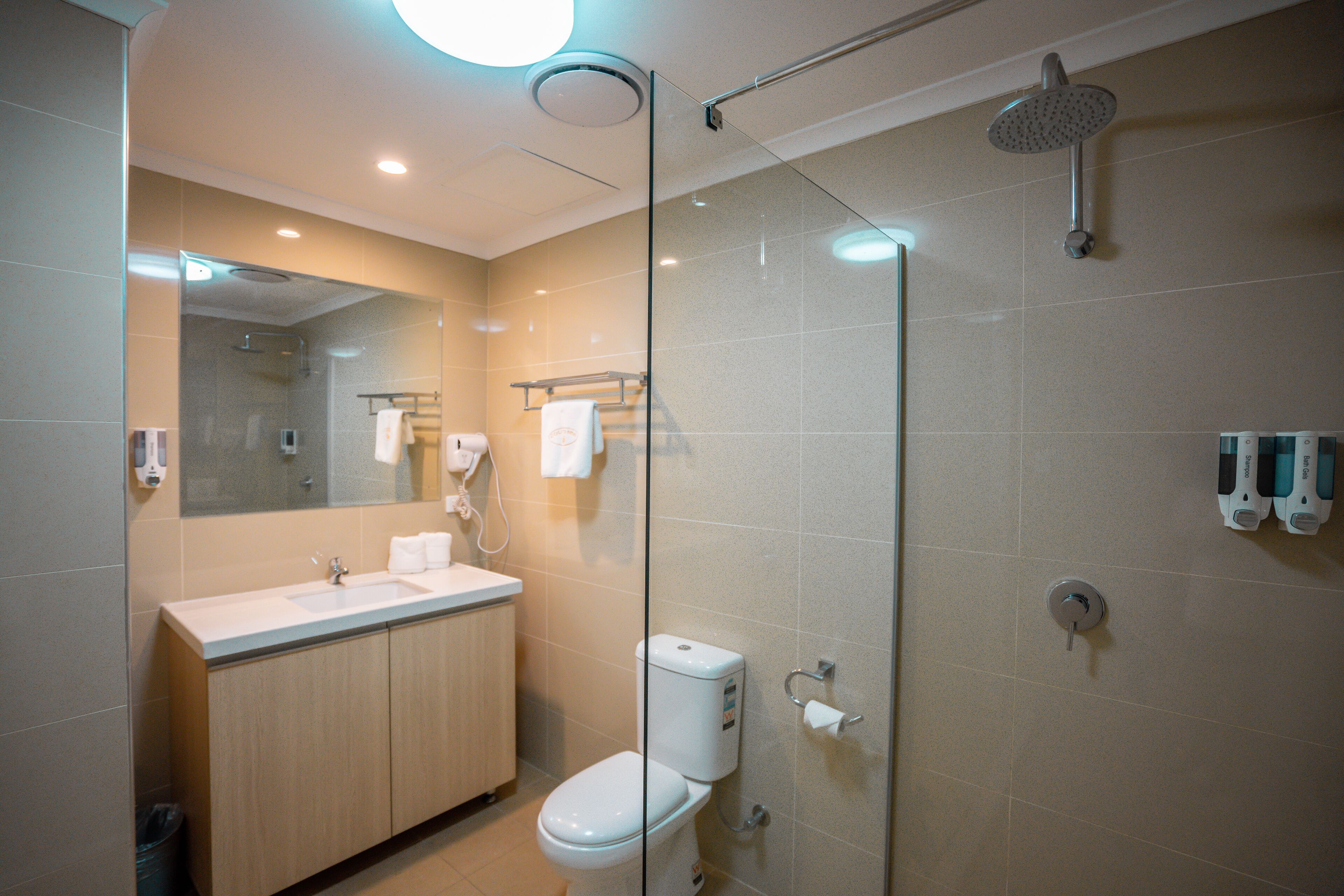 deluxe suite | bathroom | shower, free toiletries, hair dryer, towels