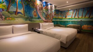 A hotel room with two beds, a mural of a forest scene, and a view of a lake. - Legend Hotel Pier 2 (Kaohsiung)