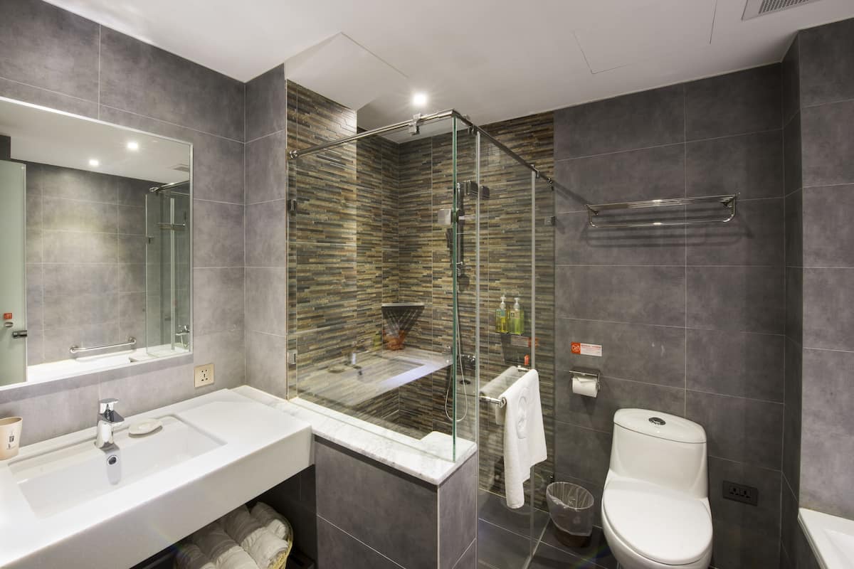 deluxe double room | bathroom | separate bathtub and shower, hair dryer, towels, shampoo