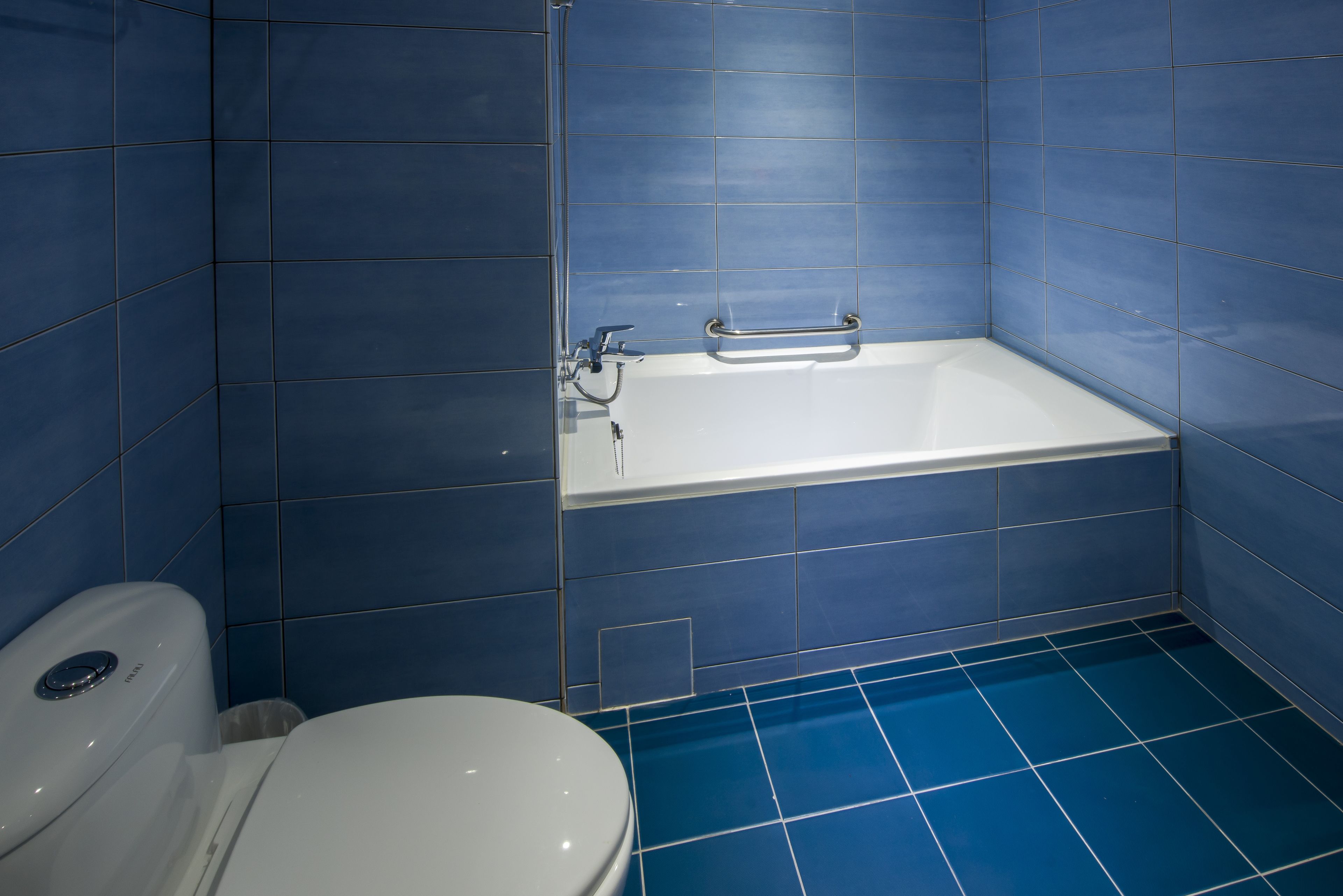 A bathroom with blue tiles, a white toilet, and a bathtub.