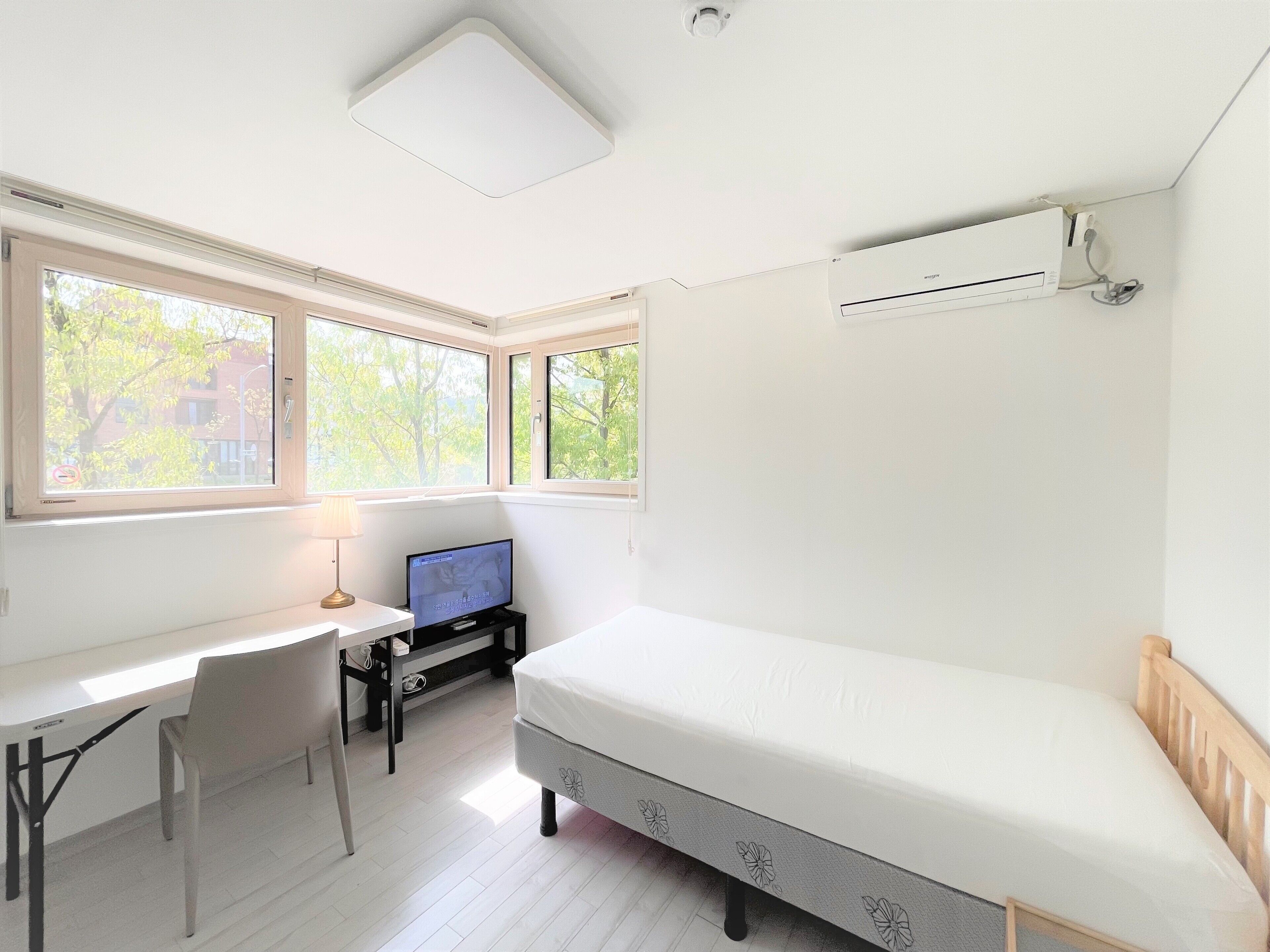 Un dormitorio con cama, escritorio, silla y televisor.