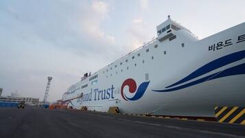 Un gran crucero con el nombre 'Beyond Trust' en su costado, amarrado en un puerto.