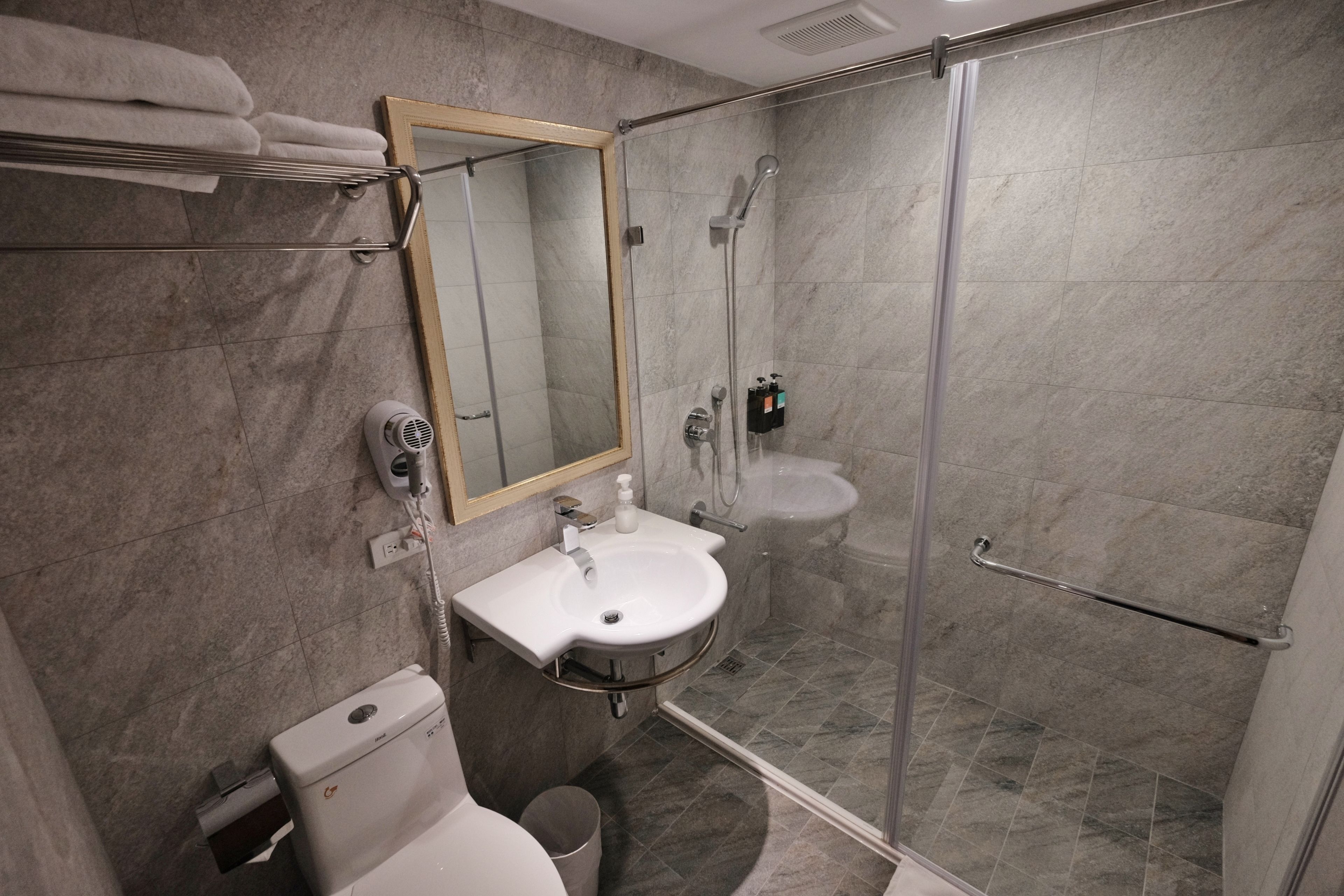 Hair dryer, towels, shampoo, toilet paper