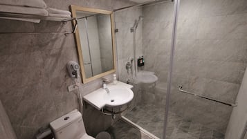Hair dryer, towels, shampoo, toilet paper