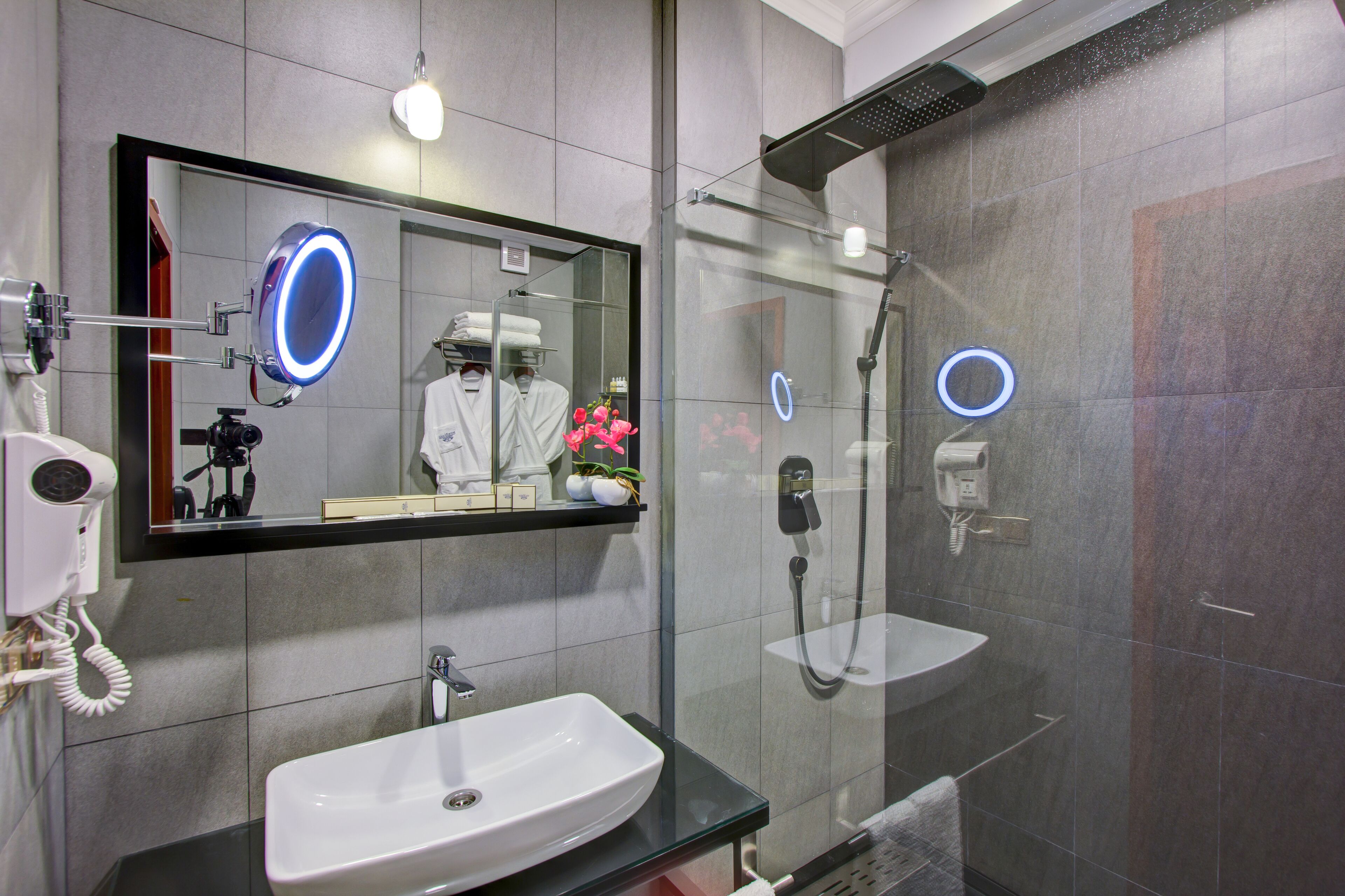 shower, rainfall showerhead, hair dryer, bathrobes