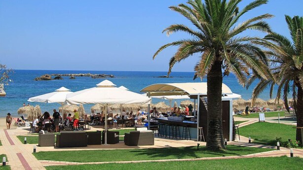 Un restaurant situé en bord de mer, avec une terrasse, des palmiers et une vue sur l’océan.