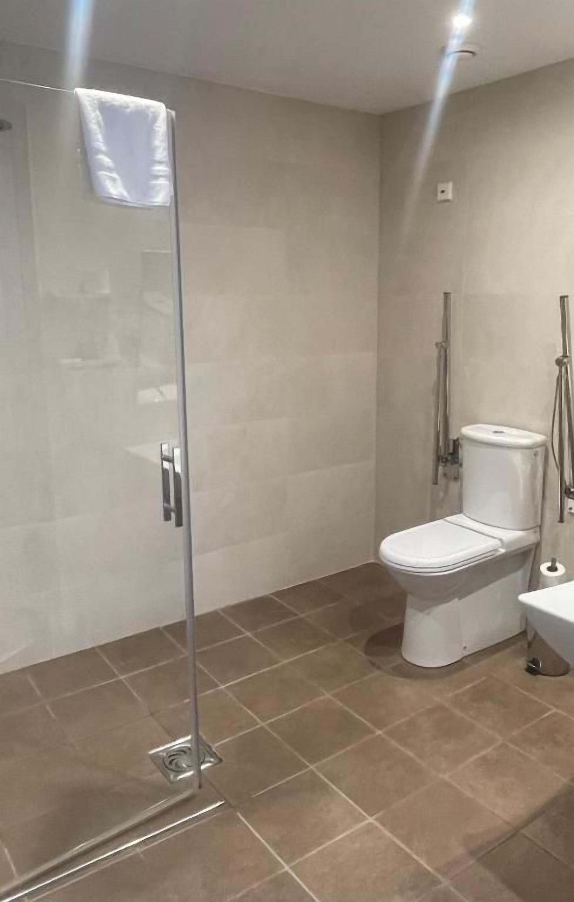 Een badkamer met een douche met glazen wand, een toilet en een hygiëneschuimer.