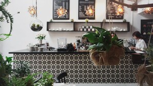 A modern kitchen with hanging plants, a black and white checkered backsplash, and a person working at the counter. - Oliving Residence (Hanoi)