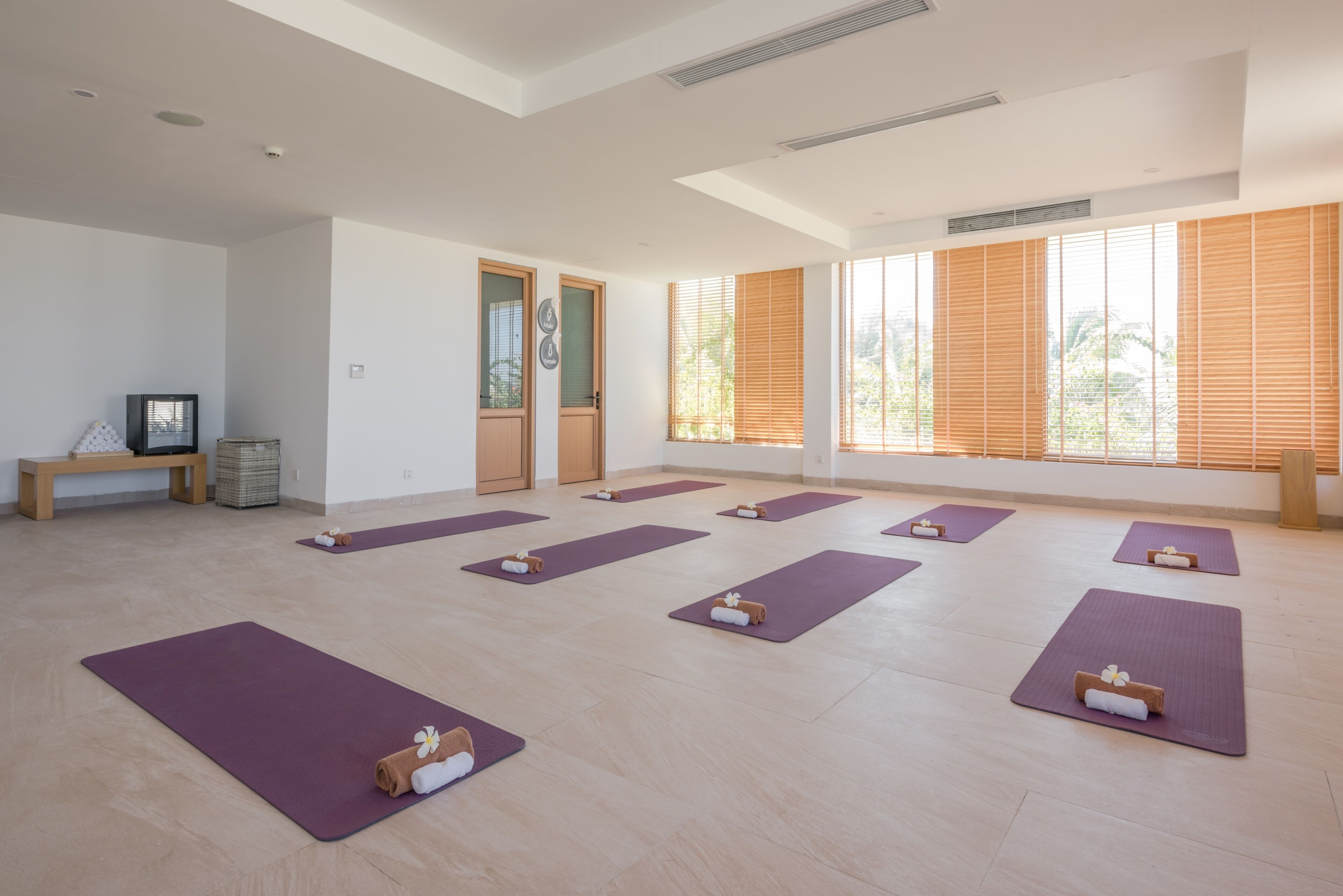 A yoga studio with multiple purple mats arranged in rows, wooden benches, and large windows with blinds.