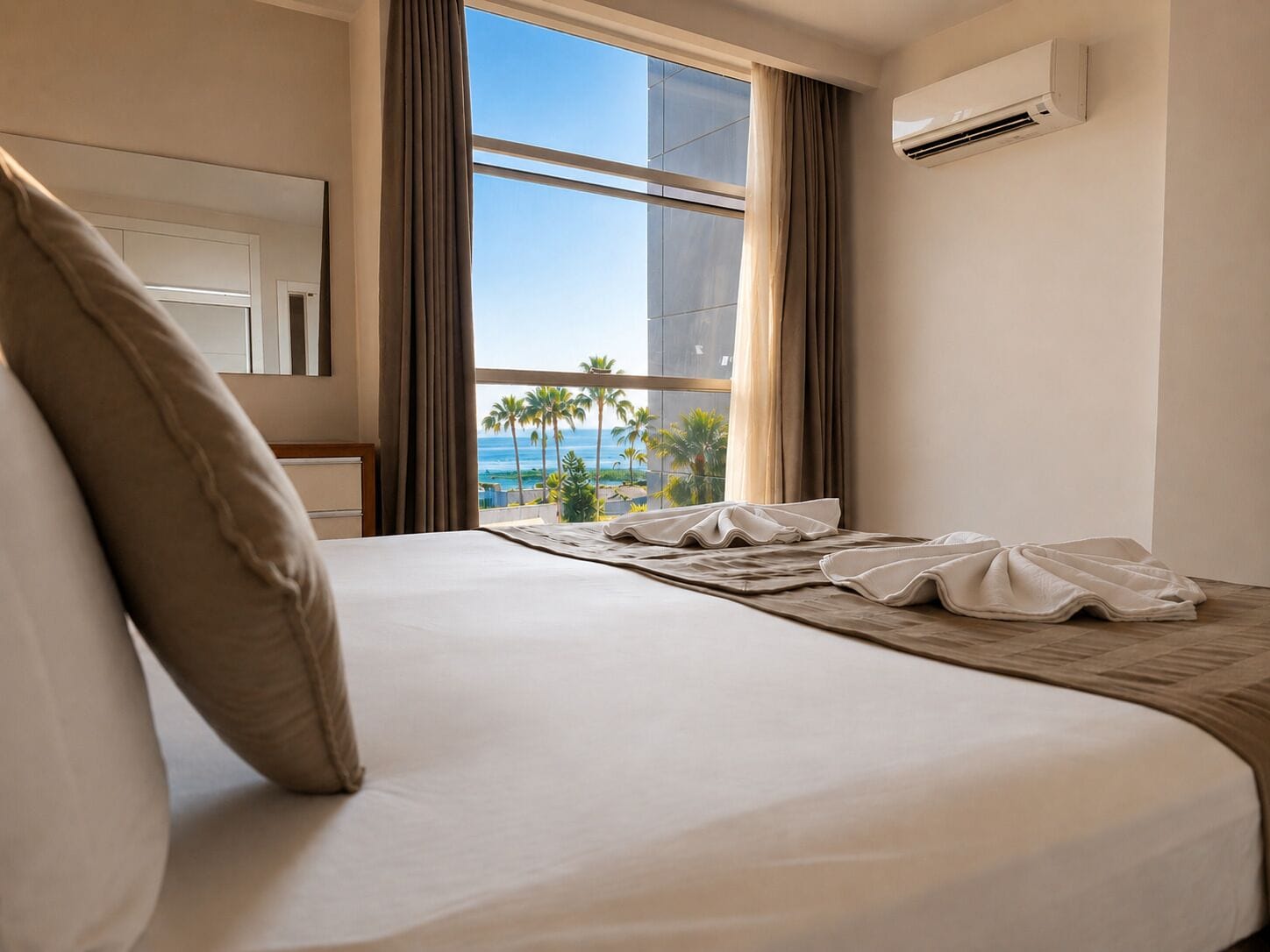 A hotel room with a large bed, a view of palm trees and the ocean, and an air conditioning unit on the wall.