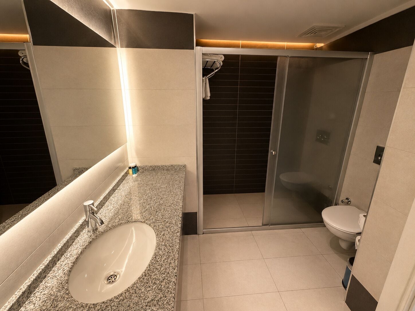 Een moderne badkamer met een wastafel op een granieten blad, een douchecabine van glas en een toilet.