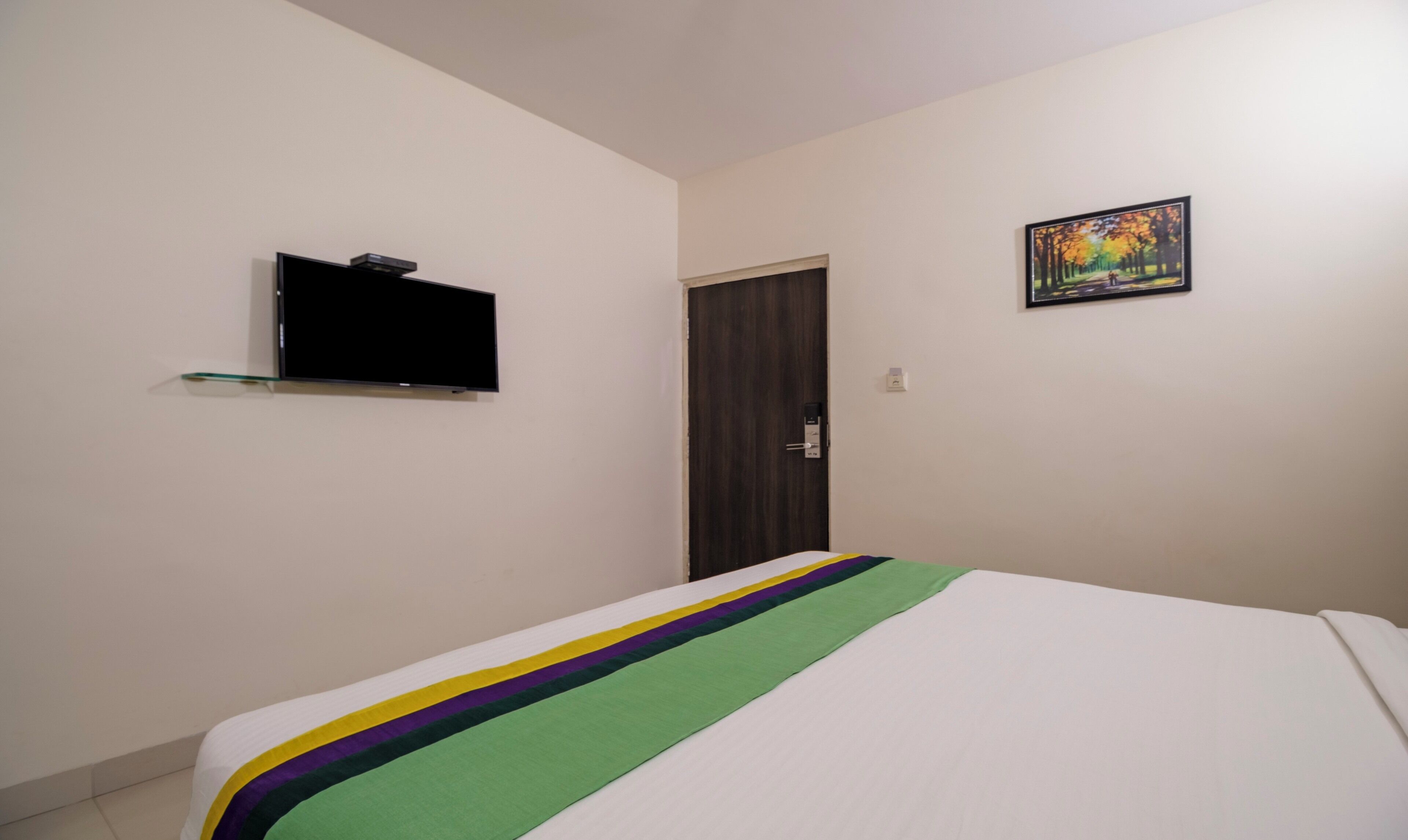 A bedroom with a bed, a television mounted on the wall, a door, and a framed picture on the wall.