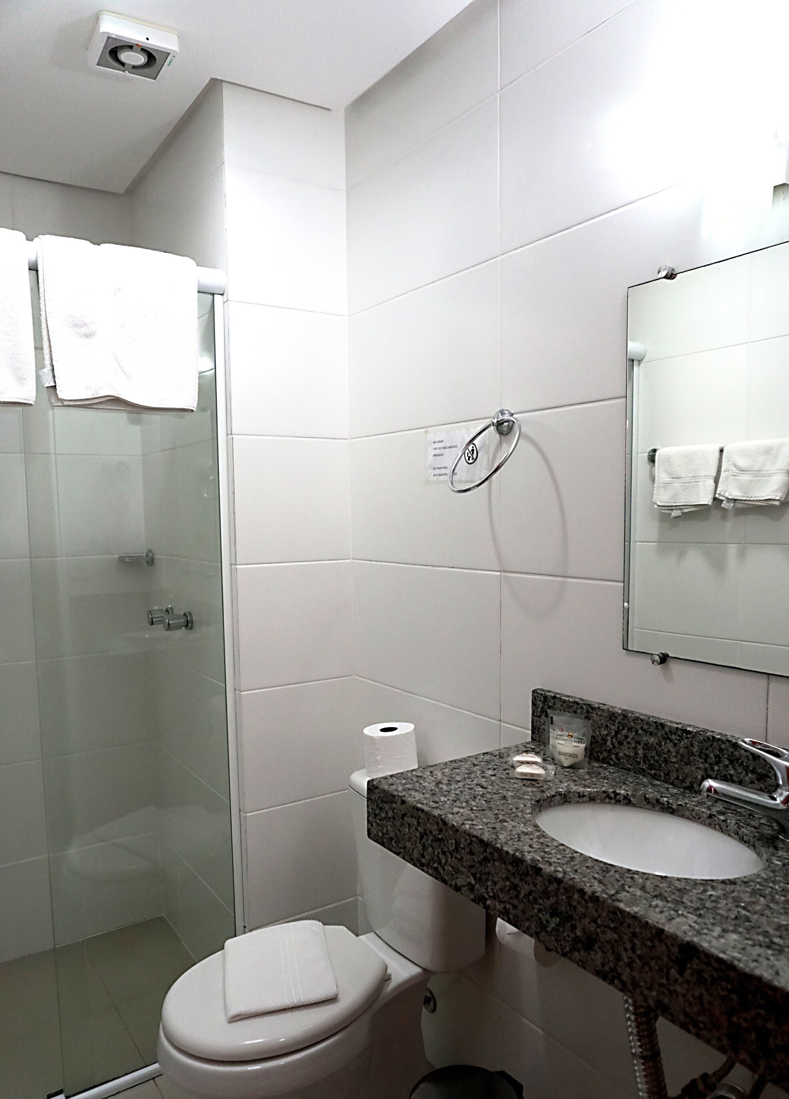 A bathroom with a glass shower enclosure, a white toilet, a granite countertop sink, and a mirror above the sink.