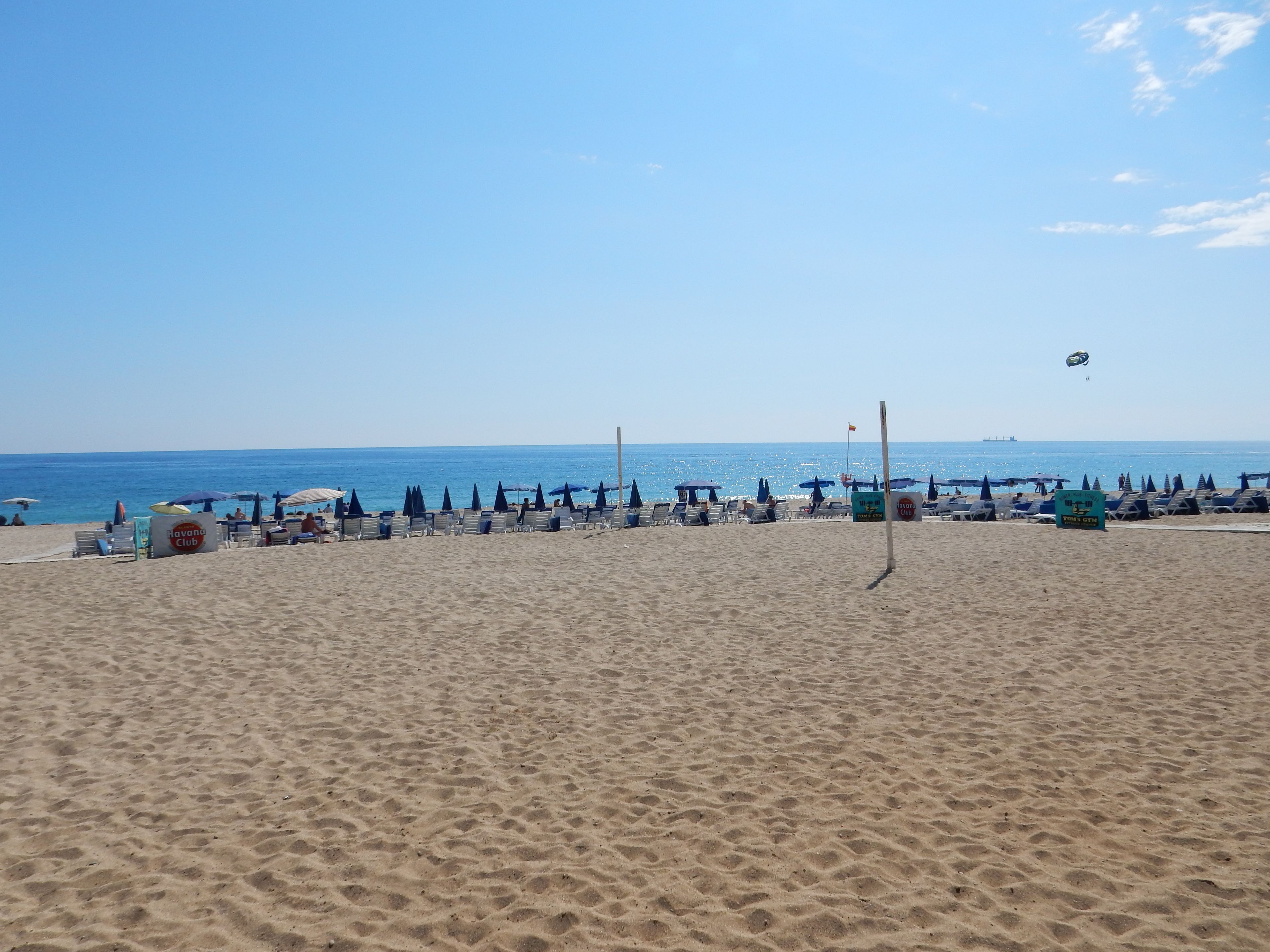 A beach with rows of sun loungers and umbrellas, a flagpole, and a distant ship.