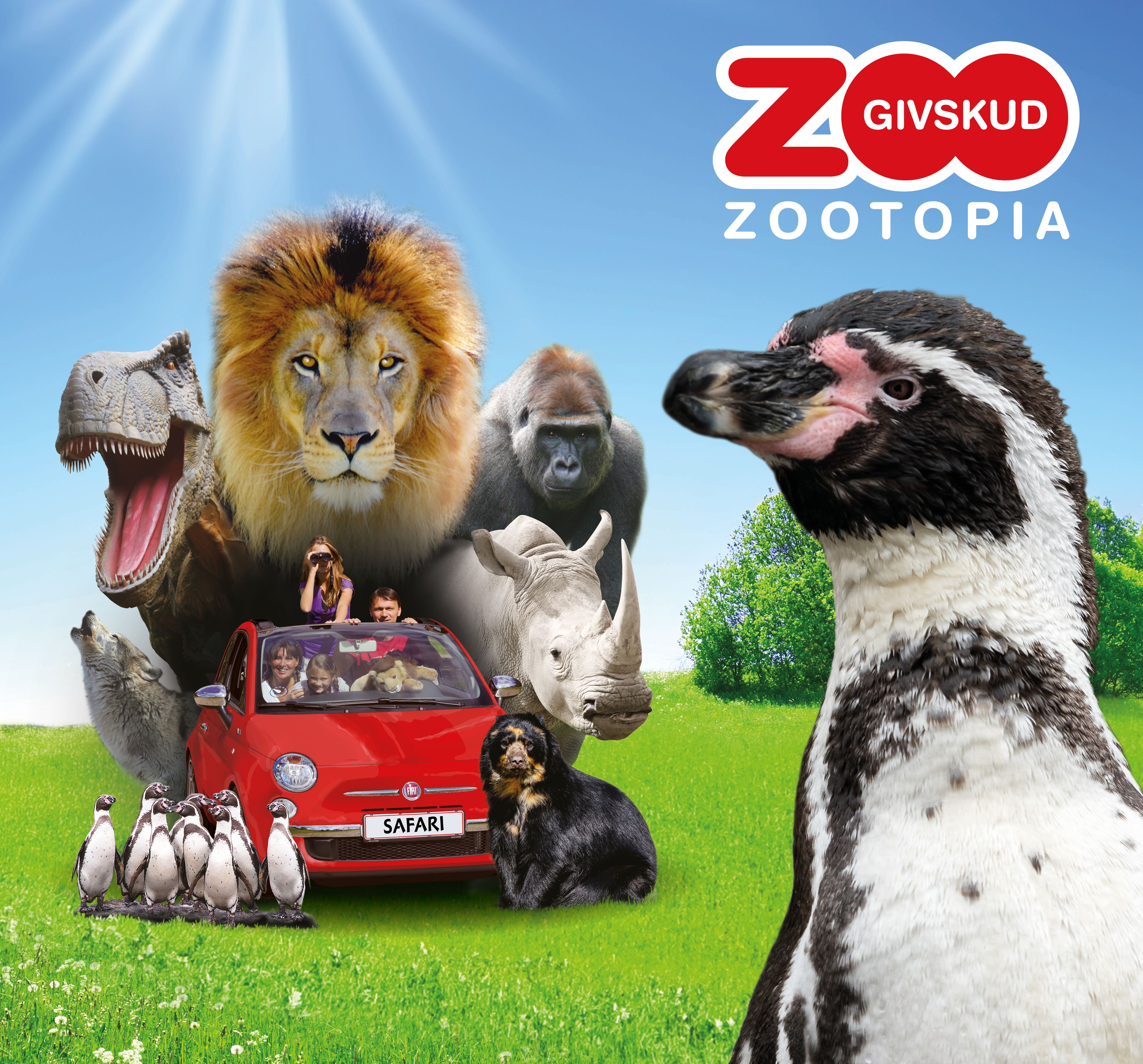 A safari-themed scene with a lion, gorilla, and various animals, including a penguin and a dog, in a red car labeled "SAFARI".