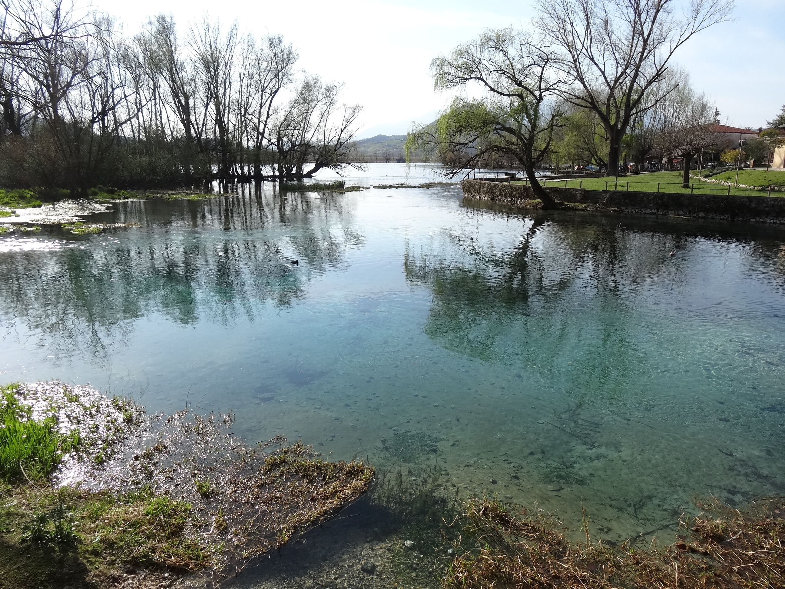 Ein ruhiger Fluss mit klarem Wasser, das Bäume und eine entfernte Hügelkuppe spiegelt.