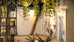 Una habitación con piso de madera, una estantería con diversos objetos, una planta colgante y obras de arte enmarcadas en las paredes.