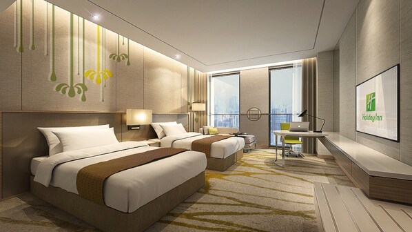 A modern hotel room with two beds, a desk, and a large window offering a city view. - Holiday Inn Chengdu Qinhuang by IHG (Chengdu)