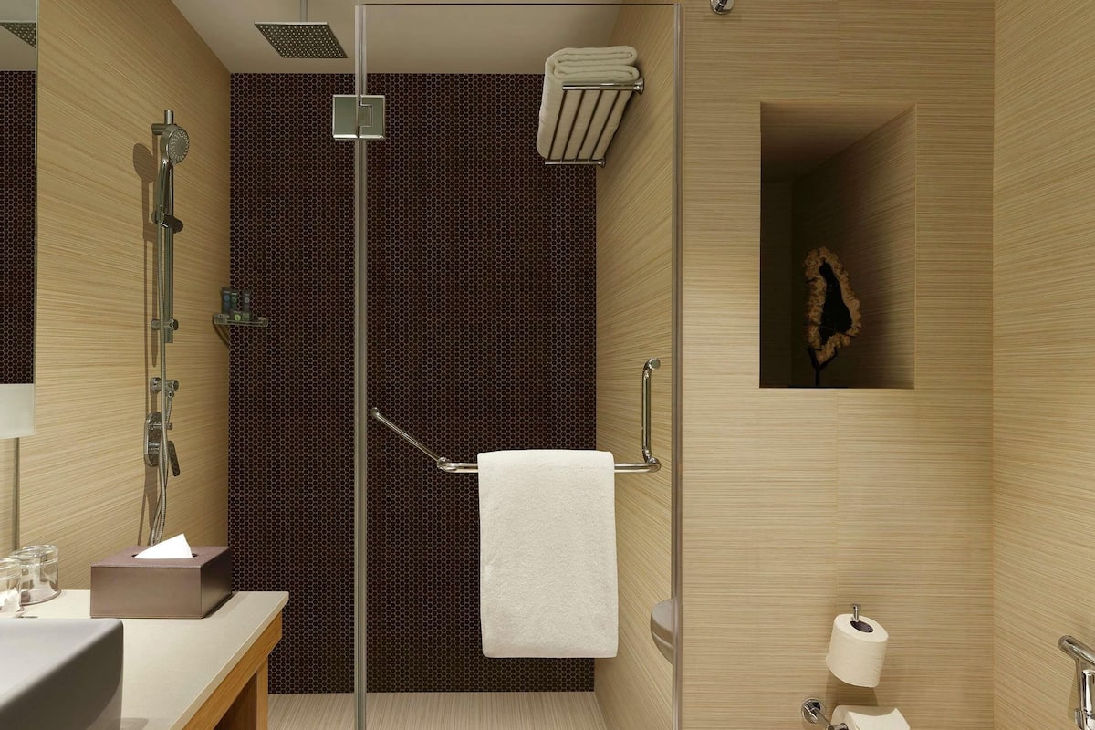 Une salle de bain moderne avec une douche à parois de verre, un porte-rouleau de papier toilette et un porte-serviettes.