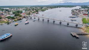 Un río con un puente que une dos extensiones de tierra, embarcaciones y un paisaje urbano con edificios y zonas verdes.