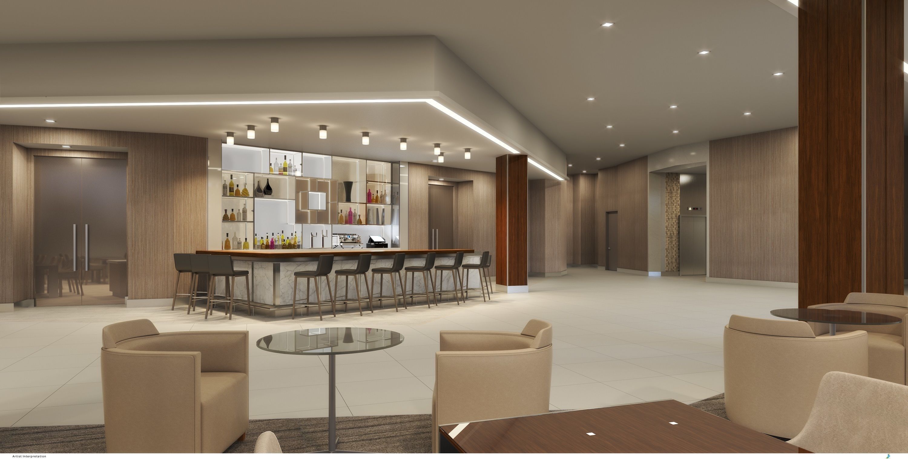 Een moderne hotellobby met een bar, zitplaatsen en een grote spiegel.