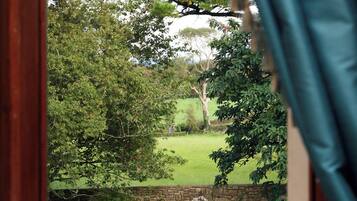 A view through a window with a stone wall and a grassy garden with trees.