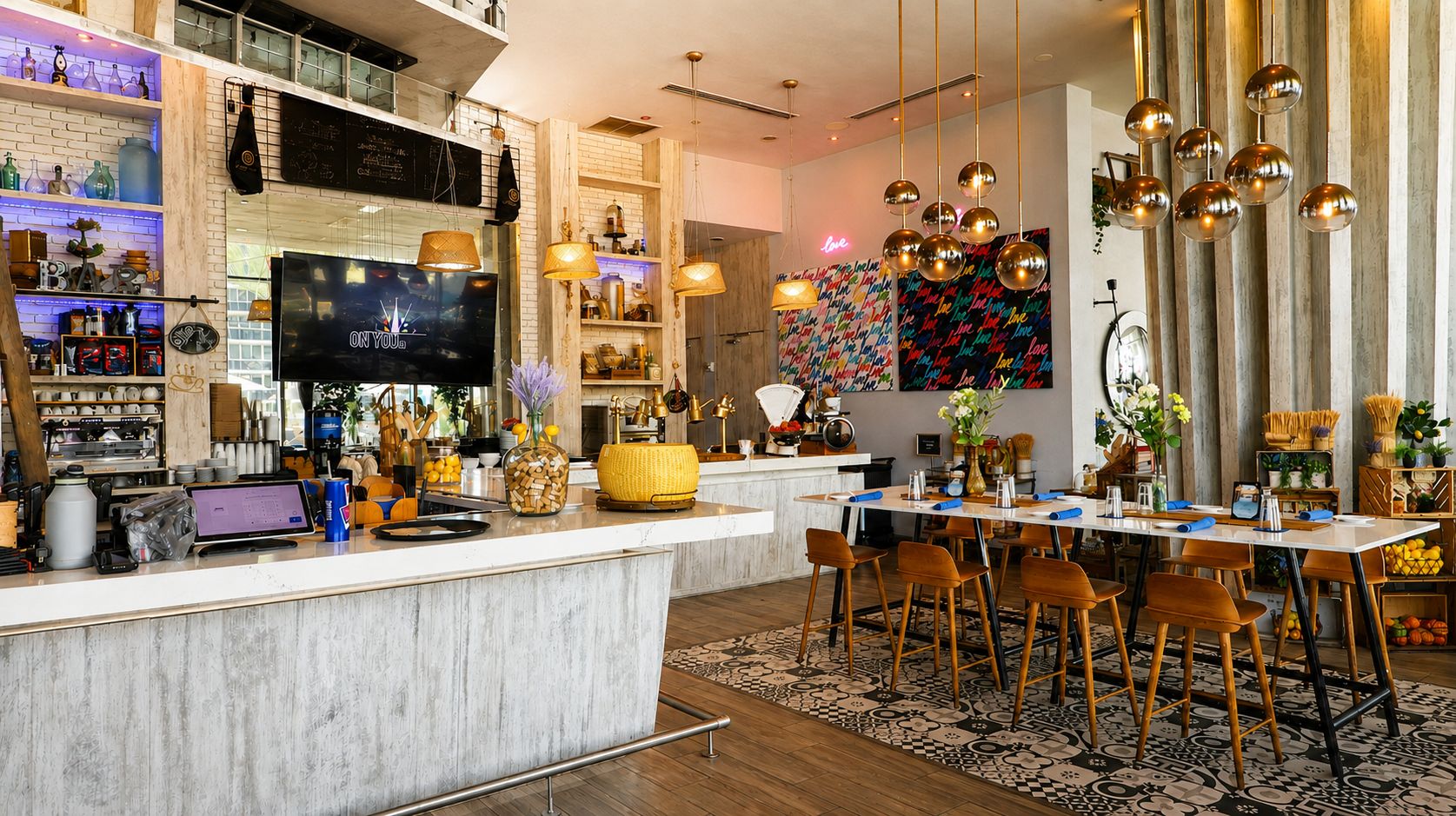Una cucina moderna con isola centrale, angolo bar con scaffali e zona pranzo con sedie e tavolo.