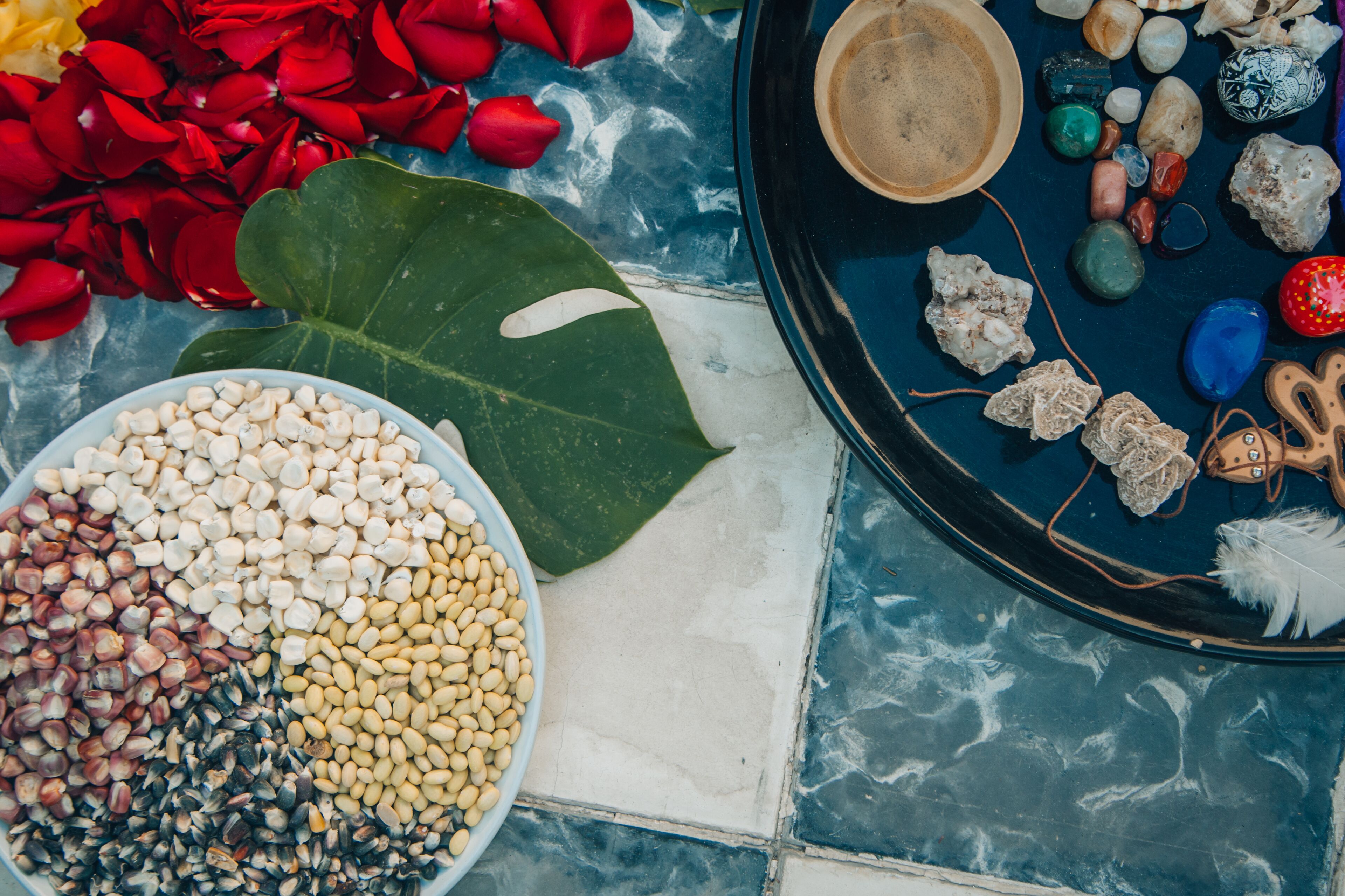 A table with a variety of items including a bowl of corn kernels, a large green leaf, and a collection of stones and shells.