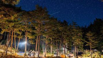 A campsite with tents and a vehicle by a lake at night under a starry sky.