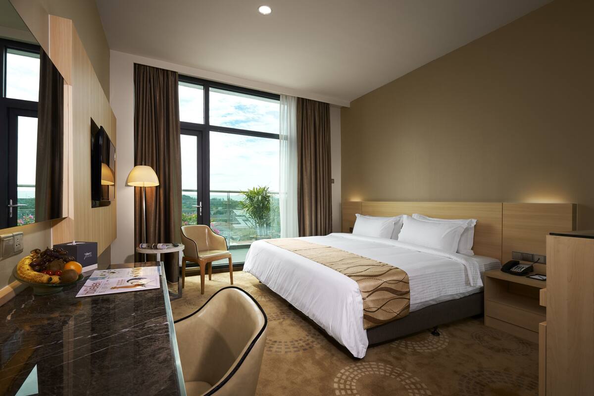Habitación de hotel con una cama grande, un escritorio con lámpara, una silla y vistas al exterior.