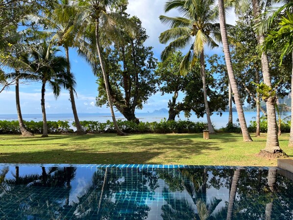 Una piscina con vista despejada al océano y palmeras.