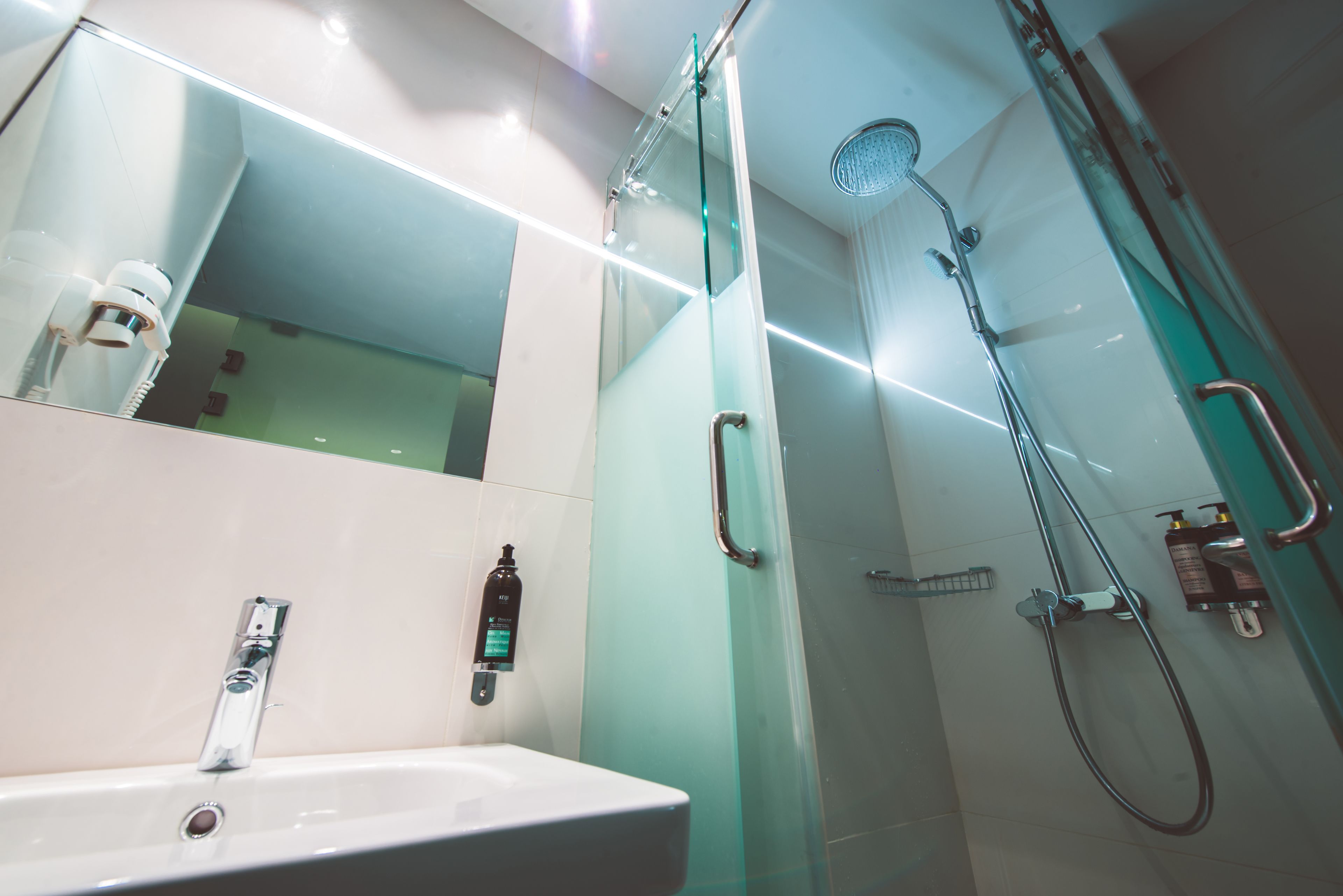 shower, free toiletries, hair dryer, towels